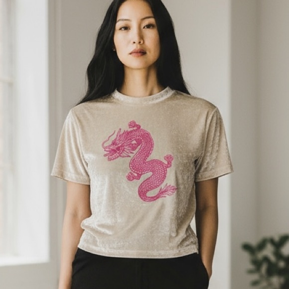 Lazy Oaf NEW Dragon T-Shirt with Pink Dragon Embroidered on a Cream Velvet Sz M - Picture 2 of 10